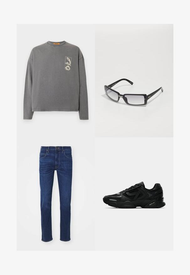 Replay Inc. Topper langermet - stoned grey; Blå denim jeans med rett ben-design, fem lommer og knappelukking. Tøyet har en glatt tekstur med lett falming.; Svart idrettssko med teksturert overdel, reflekterende detaljer og polstrede såler. Har snørebånd og merkevarenavn på siden.; Svarte rektangulære solbriller med gradientlinser, med en tykk ramme og metallaksenter på armene. Jevn tekstur gjennom hele.