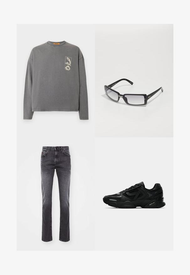 Replay Inc. Majica z dolgimi rokavi - stoned grey; Sivi traper hlače s ravnim krojem, stil pet žepov in subtilnim zbledeljem. Imajo gumb in zadrgo. Brez vidne blagovne znamke.; Črne športne superge z teksturirano zgornjosti, odsevnimi poudarki in oblazinjenimi podplati. Imajo vezi in logotip blagovne znamke na strani.; Črne pravokotne sončna očala z gradientnimi lečami, ki imajo debele okvirje in kovinske detajle na rokah. Gladka tekstura po celotni površini.