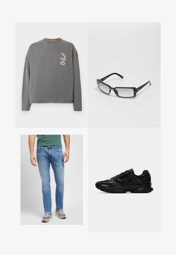 Replay Inc. Pitkähihainen paita - stoned grey; Vaaleansiniset farkut, joissa on suora lahje, viisi taskua, kontrastiväriset tikkaukset ja kulunut viimeistely. Yhdistetty harmaisiin lenkkikenkiin.; Mustat urheilulenkkarit, joissa on teksturoitu yläosa, heijastavat yksityiskohdat ja pehmeät pohjat. Varustettu nauhoilla ja brändilogo sivussa.; Mustat suorakulmaiset aurinkolasit, joissa on gradienttilinssi, paksu kehys ja metalliset yksityiskohdat varsissa. Sileä pinta koko ajan.
