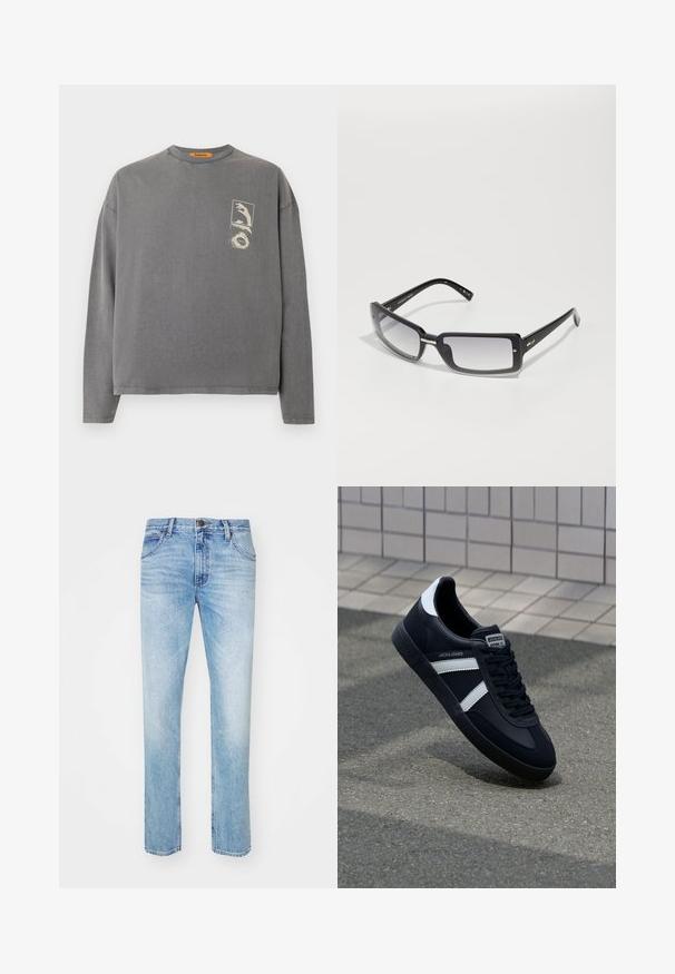 Replay Inc. Tops ar garām piedurknēm - stoned grey; Gai zilu džinsi ar taisnu griezumu, kuriem ir piecas kabatas, priekšējais pogu aizdare un maigs izbalējums, lai piešķirtu tekstūru.; Melnā ādas sporta apavi ar baltām svītrām, teksturēta gumijas zole un auklu aizdare. Iekļauj zīmola etiķeti uz mēles.; Melnas taisnstūra formas saulesbrilles ar gradienta lēcām, ar masīvu rāmīti un metāla akcentiem uz stariem. Gluda virsma visā.