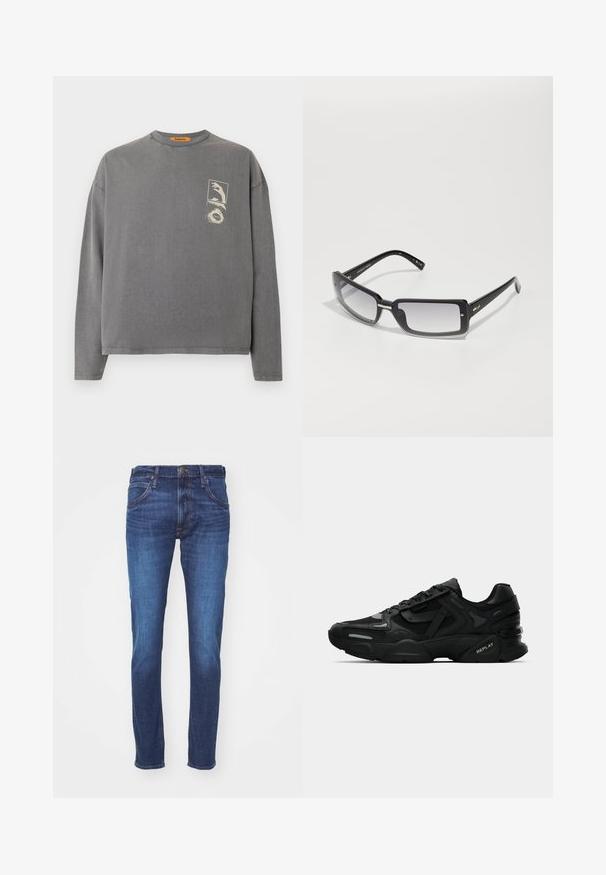 Replay Inc. Camiseta de manga larga - stoned grey; Vaqueros de mezclilla azul con corte ajustado, diseño de cinco bolsillos y un ligero desvanecimiento. Presenta un botón de metal dorado y detalles de costura a juego.; Zapatillas deportivas negras con parte superior texturizada, acentos reflectantes y suelas acolchadas. Presentan cordones y el logotipo de la marca en el lateral.; Gafas de sol rectangulares negras con lentes degradados, con un marco grueso y detalles metálicos en las varillas. Textura suave en toda su superficie.