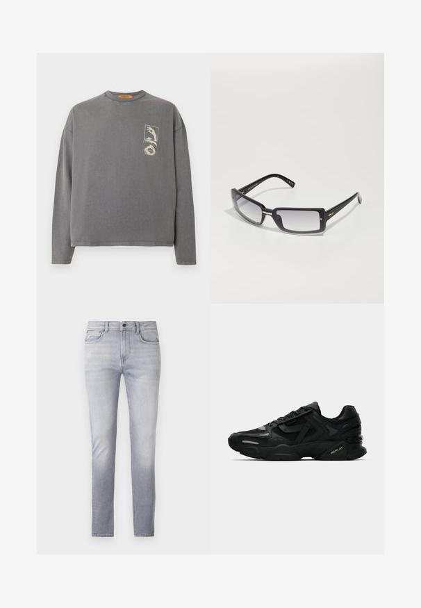Replay Inc. Top dugih rukava - stoned grey; Svijetlosivi traperice s ravnim krojem, pet džepova, zatvaranje na gumbe i patentni zatvarač, te lagano izblijedjeli na bedrima.; Crne atletske tenisice s teksturiranim gornjim dijelom, reflektirajućim akcentima i podesivim potplatima. Imaju vezice i logo marke sa strane.; Crne pravokutne sunčane naočale s gradijentnim lećama, koje imaju debeli okvir i metalne detalje na ručkama. Cjelokupna površina je glatka.