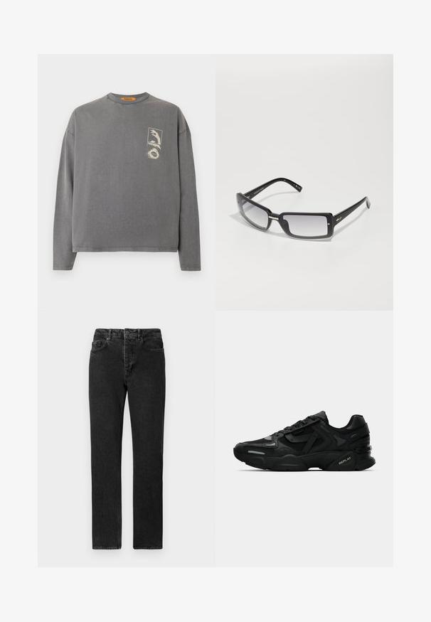 Replay Inc. Camisola de manga comprida - stoned grey; Jeans pretos de perna reta feitos de denim, com um corte alto, design de cinco bolsos e um aspeto limpo e minimalista sem adornos.; Ténis atléticos pretos com parte superior texturizada, detalhes refletivos e solas almofadadas. Apresenta atacadores e o logo da marca na lateral.; Óculos de sol retangulares pretos com lentes em degradê, apresentando uma armação grossa e detalhes em metal nas hastes. Textura suave em toda a peça.