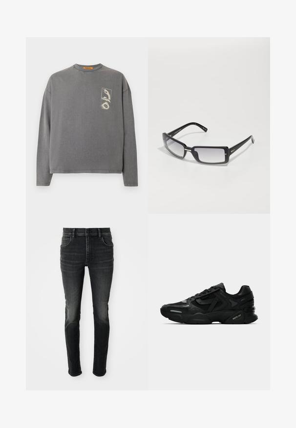 Replay Inc. Ilgarankovis viršutinės dalies drabužis - stoned grey; Tamsiai pilkos spalvos, aukštu liemeniu siauri džinsai su išblukusiu įvaizdžiu. Yra penkios kišenės, diržo kilpos ir klasikinis sagos uždarymas.; Juodi sportiniai sneakeriai su tekstūruota viršutine dalimi, atspindinčiomis detalėmis ir pagalvotu padu. Yra raišteliai ir prekės ženklas šone.; Juodų stačiakampių saulės akinių su gradientiniu lęšiu, turinčių storą rėmelį ir metalinius akcentus ant kojelių. Visoje apieje glotni tekstūra.