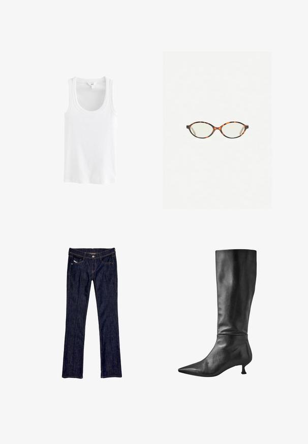 Weißes Tanktop aus geripptem Baumwollstoff, mit einem Rundhalsausschnitt und breiten Trägern, ohne sichtbare Muster oder Akzente.; Dunkelblaue Denim-Jeans mit geradem Bein, ausgestattet mit einer vorderen Knopfverschluss, fünf Taschen und sichtbaren Nähten entlang der Nähte.; Schwarze Lederstiefel bis zum Knie mit spitzer Zehe und kleinem Blockabsatz, die eine glatte Textur und eine elegante Silhouette aufweisen.; Schildpatt-Eyegläser mit ovalen Gläsern und einer eleganten, glatten Oberfläche. Mit dünnen Seiten und einer subtilen Kurve an den Schläfen. Klare Gläser.