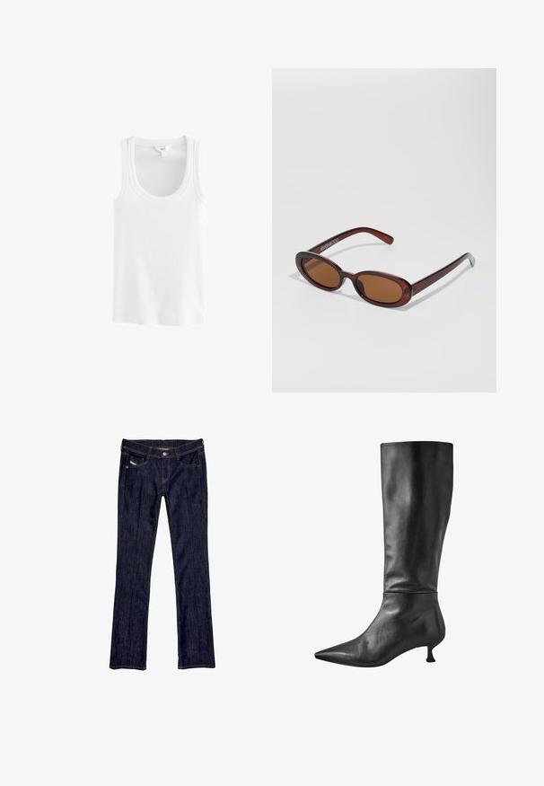 Valge t-särk, mis on valmistatud ribakootud puuvillast, millel on ümar kaelus ja laiad õlapaelad, ilma nähtavate mustrite või aksessuaarideta.; Tumedat sinised denim teksad sirge jala disainiga, millel on eesne nupp, viis taskut ja nähtav õmblus mööda õmblusi.; Musthave must ehete mustema nahast. Ehtekuju ning sileda tekstuuriga, käärilised, peene terava koonusega ja väikese plokknäpuga.; Ümar, pruunikased päikeseprillid läikiva burgundia raami ja peente kaubamärgi detailidega. Peened sangad ja lame läätsedesain.