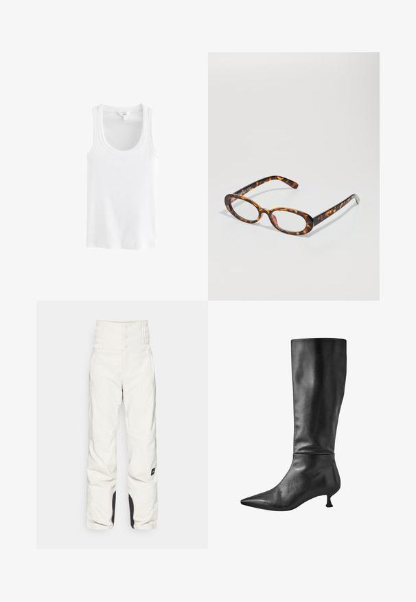 Fehér, bordázott pamut anyagból készült kötött felső, kerek nyakkivágással és széles vállpántokkal, mintázat vagy díszítés nélkül.; Fehér hó-nadrág magas, redőzött derékkal, két elülső zsebbel és fekete díszítésekkel az alsó részen. Simára kidolgozott, időjárásálló anyagból készült.; Fekete bőr, térd felett érő csizma hegyes orral és kis tömbsarkúval, sima felülettel és elegáns vonallal.; Tortuga mintás szemüveg ovális lencsékkel, fényes felülettel, karcsú szárakkal és finom mintázattal, amely a tigris csíkjaira emlékeztet.; Fekete bőr hobo táska laza fazonban, széles vállpánttal és sima felülettel. Oldalán egy zipzáras záródással rendelkezik.