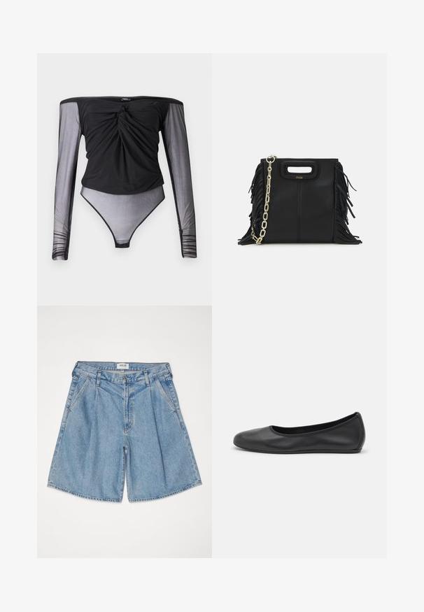 Melnas bodijs ar garām caurspīdīgām mežģīņu piedurknēm, vērpta priekšējā detaļa un pieguloša silueta. Gluda auduma ar daļēji caurspīdīgu apakšu.; Gai zili džinsa šorti ar brīvu piegriezumu, ar augstu jostu, sānu kabatām un pogu aizdari. Ar izbalējušu tekstūru visā virsmā.; Melna ādas baleta kurpe ar noapaļotu purngalu, gludu tekstūru, minimālu šuvju detalizāciju un elastīgu zoles dizainu.; Melna ādas rokassoma ar frizūras detaļām, zelta ķēdes plecu siksnu un izgrieztu rokturi. Ir logotipa novietojums priekšpusē.