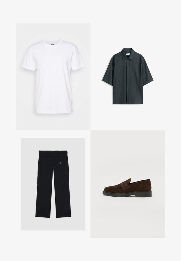 White cotton t-shirt with a crew neckline and short sleeves. Features a straight cut and the brand name "WEEKDAY" printed inside the collar.; Short-sleeve button-up shirt in dark denim fabric, featuring a classic collar, a straight fit, and a flat front without pockets.; Black cargo pants made of cotton, featuring multiple pockets, a smooth texture, and a logo patch on the back right pocket.; Brown suede loafers with a rounded toe and sturdy black rubber sole. Features a decorative strap and stitching on the upper.