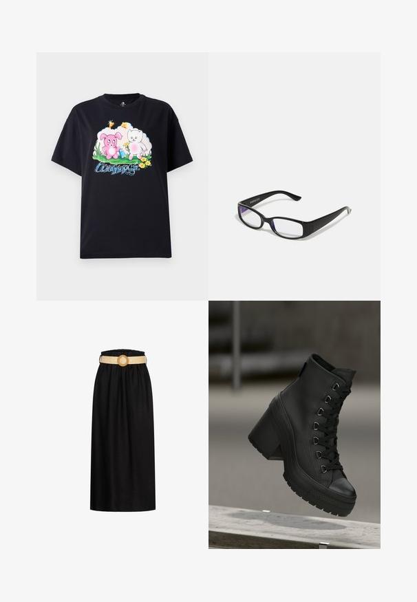 Fekete pamut póló, amelyen egy színes grafika látható: rózsaszín nyúl és fehér macska virágokkal, mellette a "Converse" felirat kék betűkkel.; Fekete midi szoknya puha anyagból, rugalmas derékrésszel és egy szőtt bézs övvel, amelynek kör alakú csatja van.; Fekete magasszárú platform csizmák texturált bőrfelülettel, elöl fűzős kialakítással és vastag sarkkal. Gumi talppal rendelkezik, jellegzetes mintázattal.; Fekete téglalap alakú szemüveg, átlátszó lencsékkel. Fényes felület, keskeny szárak, és lila árnyalat látható a lencsék szélén.