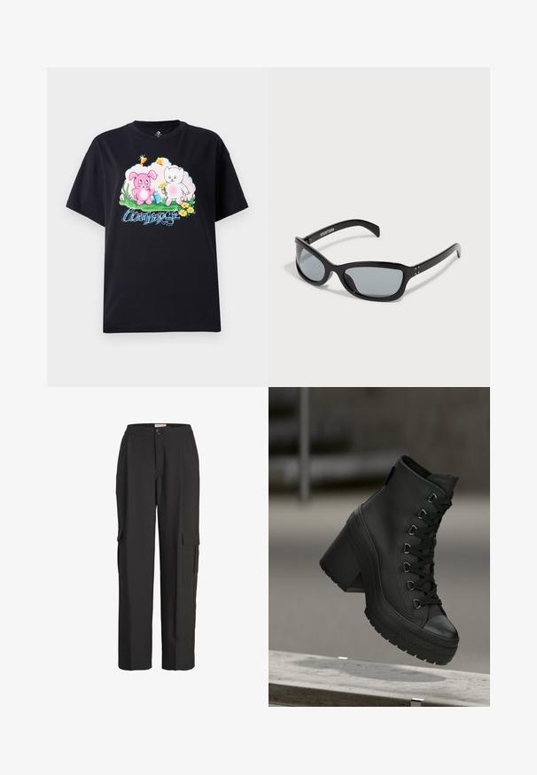 Musta puuvillane T-särk, millel on värvikas grafika roosa jänese ja valge kassi koos lilledega, ning sinises kirjas "Converse".; JJXX JXMARY MW NOOS - Kargopüksid - black; Mustad mustad platvormsaapad musta värviga, tekstureeritud nahast, esiosas nööridega ja massiivse kontsaga. Omab kummist tallat, millel on väljendunud nahkade mustrid.; Must have must gama must aastat vöötonk pruun, õhukene joond. Seda toe pruunit sõrm viidi nagunii liigub tahavad kaamerapild sõrm. Hõbedase aktsent ja signaali viskamise mini laudis on ka nuklik.