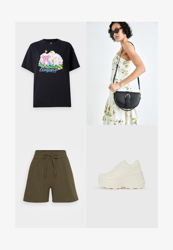 Svart bomull T-skjorte med et fargerikt grafisk design av en rosa kanin og en hvit katt med blomster, sammen med "Converse" i blå bokstaver.; Olivengrønne linseshortser med bred ben-design, elastisk liv med snøring og subtil tekstur.; Hvite plattformsnickers med en glatt læraktig overdel, avrundet form, polstret krage og teksturert gummisåle med tydelige dekk.; Svart lærveske med en buet form, avtagbar stropp og gullbeslag. Vesken har et klaff med spenne-detall.