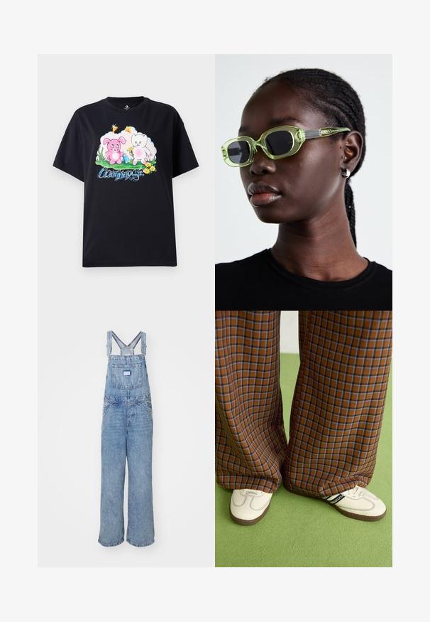 Fekete pamut póló, amelyen egy színes grafika látható: rózsaszín nyúl és fehér macska virágokkal, mellette a "Converse" felirat kék betűkkel.; Világoskék farmer overall, laza fit, széles lábak, állítható pántok, valamint elülső és hátsó zsebek címkés részletekkel.; Barna és kék kockás, bőrt lábú nadrág, fehér cipővel, fekete részletekkel és texturált talppal, zöld háttér előtt.; Zöld árnyalatú napszemüveg, vékony, téglalap alakú kerettel és sötét lencsékkel; textúrált szürke pántokkal, márkázással. Simas bőr és fekete póló.
