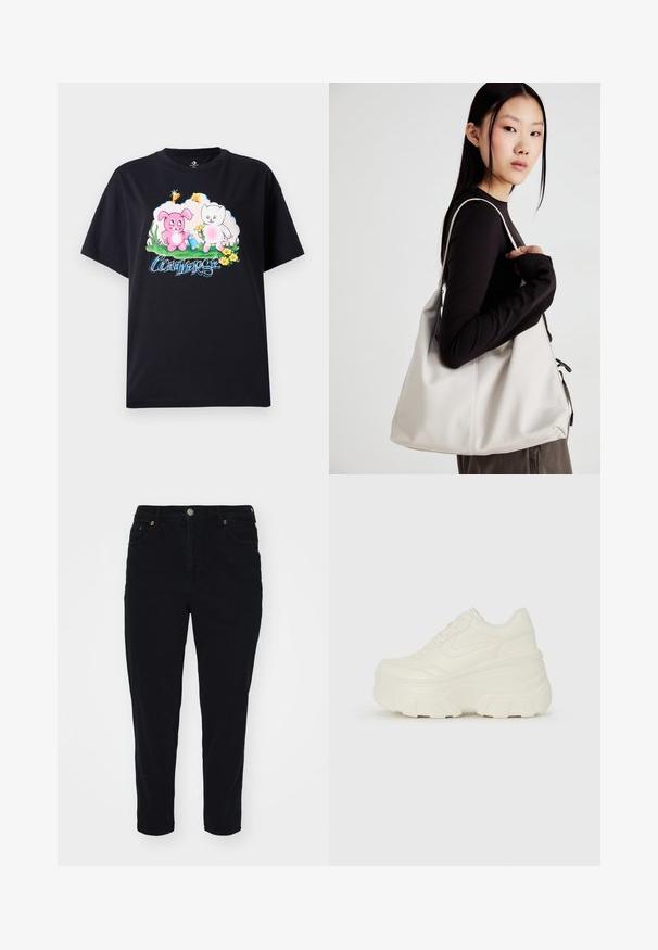 Juodas medvilninis marškinėliai su spalvinga grafika, kurioje pavaizduotas rožinis zuikis ir baltas katinas su gėlėmis, šalia užrašas "Converse" mėlynomis raidėmis.; Juodi džinsai su tiesiu kirpimu, priekinėmis kišenėmis ir metaliniu užsegimu. Įrengti su tvarkingu finišu ir subtiliais siūlių akcentais.; Baltos platformos sportbačiai su lygiu odos primenančiu paviršiumi, apvalia forma, paminkštintu apykakle ir tekstūruotu guminiu padu su ryškiais protektoriais.; Bežinė rankinė, pagaminta iš minkštos medžiagos, turinti laisvą dizainą, siuvinėtas detalės ir dvi petnešos. Tinkama kasdieniam naudojimui.