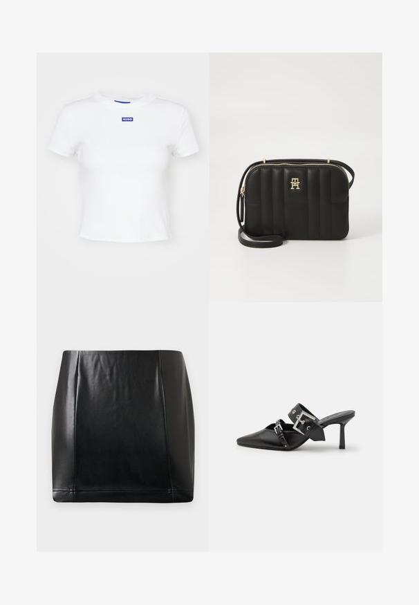 Witte katoenen t-shirt met korte mouwen, ronde halslijn en een blauwe rechthoekige logo patch met de tekst "HUGO" op het midden voor.; Zwarte faux leren minirok met stiknaad aan de voorkant en een lichte glans, plat gelegd op een neutrale achtergrond.; Zwarte hoge hakken mules met een puntige neus, gemaakt van soepel leer. Heeft een brede enkelriem met een vierkante zilveren gesp en studs.; Zwarte gewatteerde schoudertas van synthetisch materiaal met goudkleurige hardware, voorzien van een ritsluiting en logo-detail aan de voorkant.