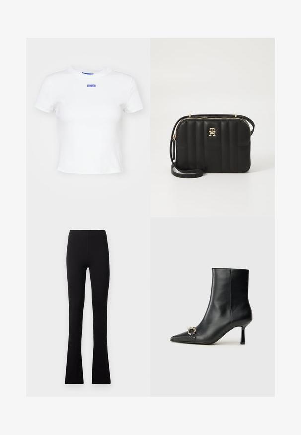 Bílý bavlněný tričko s krátkými rukávy, kulatým výstřihem a modrou obdélníkovou nášivkou s nápisem "HUGO" uprostřed přední části.; Černé legíny s hladkým, elastickým materiálem. Disponují vysokým páskem a rozšířeným spodním designem pro zvýraznění postavy.; Černá kožená kotníková bota s špičatou špičkou, úzkým středně vysokým podpatkem a stříbrnou sponou na straně, na jednobarevném pozadí.; Černá prošívaná crossbody taška vyrobená z umělého materiálu se zlatými kovovými prvky, s zipovým uzávěrem a logem na přední straně.