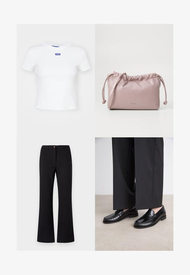 Weißes Baumwoll-T-Shirt mit kurzen Ärmeln, Rundhalsausschnitt und einem blauen rechteckigen Logopatch mit der Aufschrift "HUGO" auf der Vorderseite in der Mitte.; Schwarze ausgestellte Hose aus glattem Stoff, mit einem vorderen Knopfverschluss, Gürtelschlaufen und einem klaren, taillierten Design.; Schwarze Lederloafers mit glatter Oberfläche, genähten Details um die Zehen und einer niedrigen Gummisohle. Kombiniert mit weiten schwarzen Hosen.; Zartrosa, glatte Lederhandtasche mit gerafftem oberen Teil, Kordelzugverschluss und dünnem Tragegurt. Mit einem dezenten Calvin Klein-Logo auf der Vorderseite.