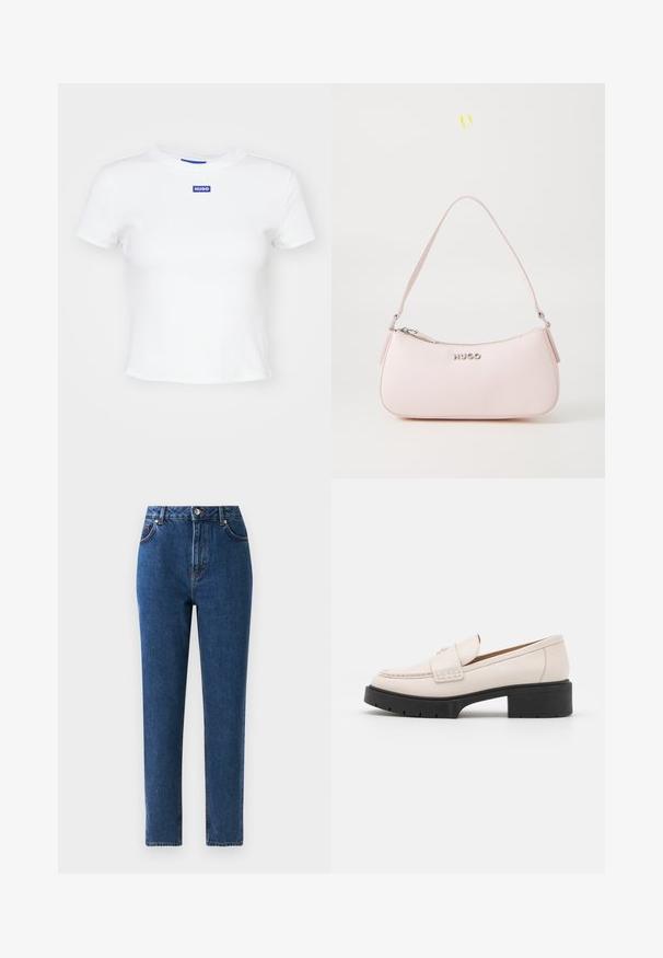 Bílý bavlněný tričko s krátkými rukávy, kulatým výstřihem a modrou obdélníkovou nášivkou s nápisem "HUGO" uprostřed přední části.; Džíny z modrého denimu s vysokým pasem, rovnými nohavicemi, pěti kapsami, kovovým zapínáním a prošívanými detaily podél švů.; Světlobéžové kožené mokasíny se střiženým předním dílem a texturovaným černým platformovým podpatkem. Obsahují zakřivený design a mírné zvýšení.; Růžová kožená kabelka s zakřiveným designem, se zipovým uzavíráním a ramenním popruhem. Na přední straně se nachází stříbrné logo.