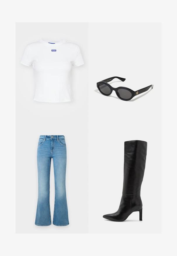 Cămașă albă din bumbac cu mâneci scurte, decolteu rotund și un patch rectangular albastru cu inscripția "HUGO" în centrul frontal.; Jeans din denim de culoare bleu deschis, cu tiv larg, buzunare frontale, bucle pentru curea și închidere cu nasture pe un fundal alb.; Botine negre din piele, cu toc stiletto, până la genunchi, cu vârf ascuțit și textură netedă. Tocul are un stil bloc, adăugând stabilitate designului.; Ochelari de soare ovali negri cu lentile întunecate și ramă din plastic lucios. Prezintă un logo aurit pe bradă, oferind un design elegant și modern.; Geantă de mână cu un model albastru, confecționată din țesătură, având o formă curbată, curea din piele neagră și un design al logo-ului într-o nuanță mai deschisă.