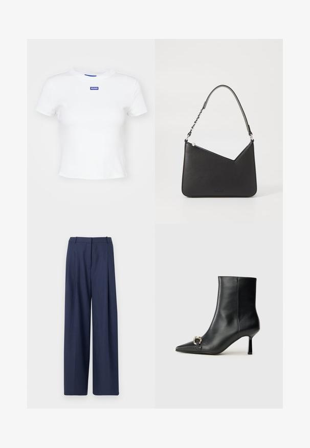 Hvit bomull t-skjorte med korte ermer, rund halsutskjæring og et blått rektangulært logo-merke med teksten "HUGO" på midten av framsiden.; Marineblå vidbukser laget av teksturert stoff, med plisserte detaljer foran og en strukturert midjebånd med beltesløyfer.; Sorte lær ankle boot med spiss tå, slank mid-høyde hæl og sølvspenne på siden mot en enkel bakgrunn.; Svart lærveske med trekantet form, en slank stropp og sølvfarget detaljer. Har glidelåslukking og preget logo på forsiden.
