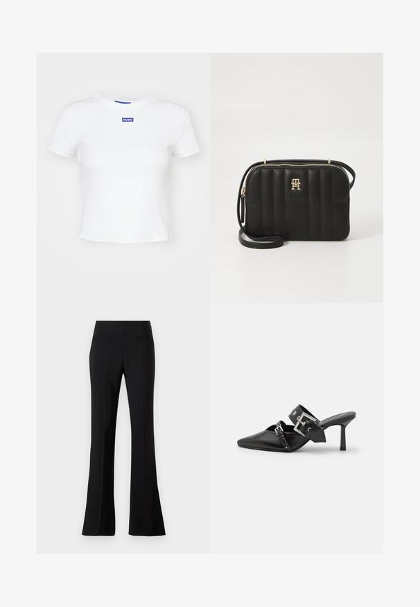 Witte katoenen t-shirt met korte mouwen, ronde halslijn en een blauwe rechthoekige logo patch met de tekst "HUGO" op het midden voor.; Zwarte flared broek gemaakt van een gladde stof met een hoge taille, met twee achterzakken en een plooi aan de voorkant van ieder been.; Zwarte hoge hakken mules met een puntige neus, gemaakt van soepel leer. Heeft een brede enkelriem met een vierkante zilveren gesp en studs.; Zwarte gewatteerde schoudertas van synthetisch materiaal met goudkleurige hardware, voorzien van een ritsluiting en logo-detail aan de voorkant.