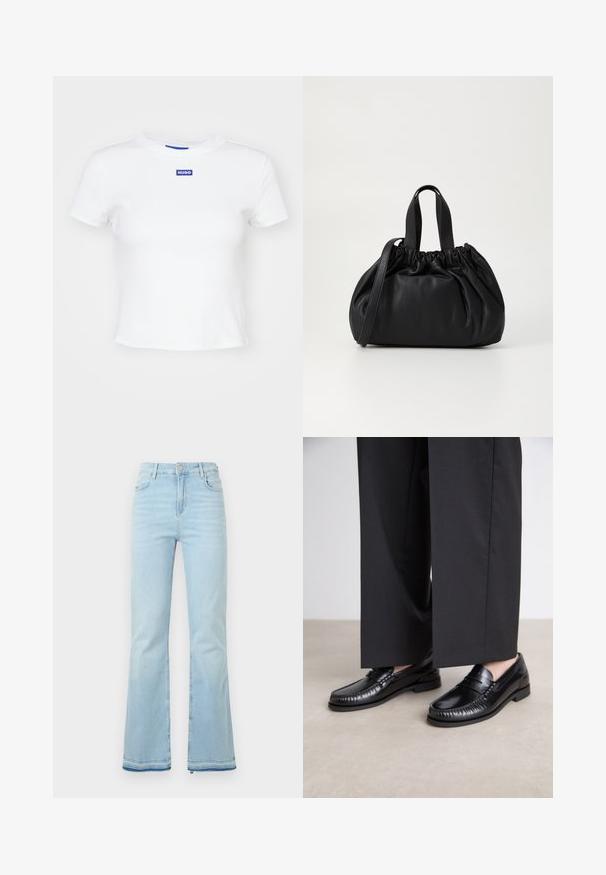 Biela bavlnená tričko s krátkymi rukávmi, okrúhlym výstrihom a modrou obdĺžnikovou nášivkou s nápisom "HUGO" uprostred prednej časti.; Svetlomodré rozšírené džínsy z denimovej látky, s vysokým pásom, prednými vreckami a surovým lemom na manžetách pre ležérny vzhľad.; Čierne kožené loafery s hladkým povrchom, prešité detaily okolo špičky a nízkou gumovou podrážkou. V kombinácii s voľnými čiernymi nohavicami.; Čierna kožená kabelka so zberaným vrchom, s dvoma krátkymi držadlami a dlhým nastaviteľným popruhom. Hladká textura, zaoblený tvar.