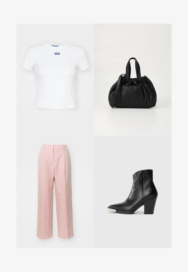 Fehér pamut póló rövid ujjakkal, kerek nyakkivágással és egy kék téglalap alakú logóval, amelyen a "HUGO" felirat olvasható az elején, középen.; Halvány rózsaszín, széles lábú nadrág magas derékkal, elülső redőkkel és varrott szegéllyel. Simító, könnyű anyagból készült.; Fekete bőrből készült boka csizma hegyes orral, magas blokk sarkal és ezüst színű orrvezető részlettel. Simaság és egyszerű dizájn jellemzi.; Fekete bőr kézitáska, összegyűrt felső dizájnnal, két rövid fülekkel és egy hosszú, állítható pánttal. Simább textúra, lekerekített forma.