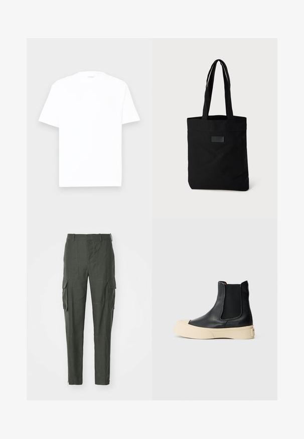 Camiseta de algodón blanca con cuello redondo, mangas cortas y corte relajado. Textura suave, detalles mínimos, sin patrones ni gráficos.; Pantalones cargo de tela verde oscura, con múltiples bolsillos laterales, corte recto y cremallera en el tobillo para un ajuste ajustable.; Botas de cuero negro hasta el tobillo con punta redonda y suela de plataforma beige. Cuentan con laterales elásticos para facilitar el uso y una textura suave.; Bolsa de lona negra con dos asas, que presenta una parte superior plana, superficie texturizada y un pequeño logotipo en relieve en la parte delantera.