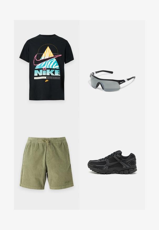 Schwarzes Baumwoll-T-Shirt mit einem bunten geometrischen Design, das eine gelbe und blaue Pyramide, einen pinken Nike-Swoosh und glitzernden Text "Nike Precision Sportswear" zeigt.; Hellgrüne Cordshorts mit elastischem Bund und Kordelzug. Sie verfügen über seitliche Taschen und subtile Steppdetails.; Schwarzer Sportschuh mit mesh-Obermaterial, Gummisohle und strukturierten Akzenten. Das Design umfasst ein ausgeprägtes Schnürsystem und eine gepolsterte Sohle.; Schwarze sportliche Sonnenbrille mit einer umschließenden Form, grauen Gläsern und gummierten Akzenten für einen besseren Halt. Mit dem weißen Nike-Logo an der Seite.