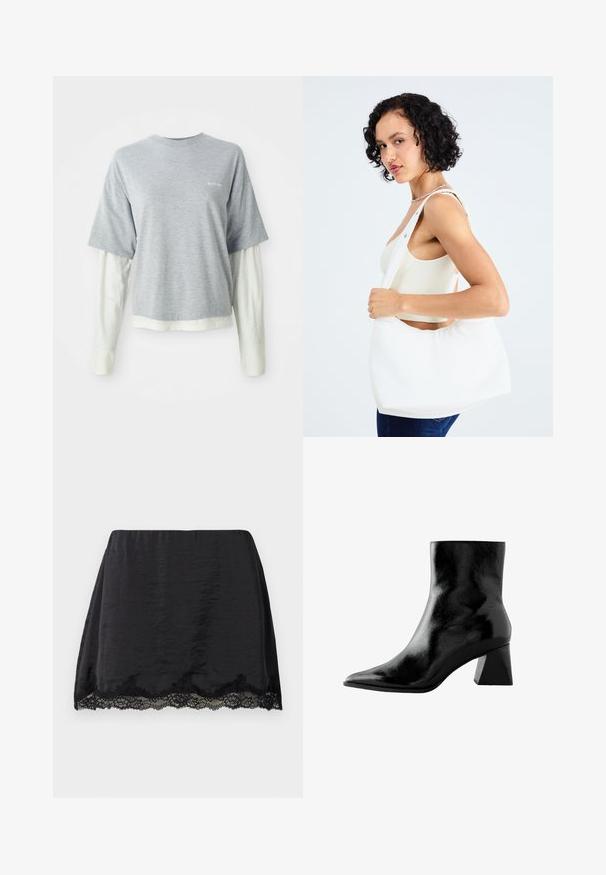 Siva kratkotrajna majica s kratkimi rokavi, plastena nad belo majico z dolgimi rokavi, obe iz mehke bombažne tkanine. Na prsih se nahaja majhna logotip.; Črna satenska mini krila s ravnim krojem, ki ima valovit čipkast rob na dnu, gladko teksturo in elastičen pas.; Črne gležnjarje z sijajno površino, koničastim nosom in debelim kvadratnim peto. Gladka tekstura z elegantnim, minimalnim dizajnom.; Bela torba za ramena, izdelana iz gladkega materiala, z ovalnim izrezom in širokim trakom. Preprosta in sodobna, brez vidnih kovinskih delov.