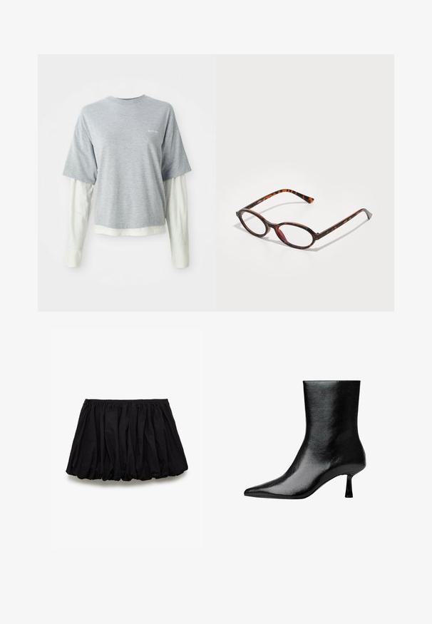 T-shirt grigio a maniche corte sovrapposto a una camicia bianca a maniche lunghe, entrambi in morbido cotone. Presenta un piccolo logo sul petto.; Gonna nera in cotone, con un design arricciato, vita elastica e una forma voluminosa con una texture morbida.; Stivale nero alla caviglia in pelle lucida con punta affusolata e tacco sottile, caratterizzato da una superficie liscia e un design minimalista.; Occhiali da sole tartarugati con lenti ovale, caratterizzati da una montatura scura con motivi marroni chiari e scuri, e aste sottili e curate.; Borsa a spalla bianca realizzata in materiale morbido, con un ritaglio ovale e un design a tracolla ampia. Semplice e moderna, senza hardware visibili.; Una pila di due anelli; quello superiore è di ambra con venature, e quello inferiore è di un beige chiaro; entrambi sono in resina liscia e lucida.