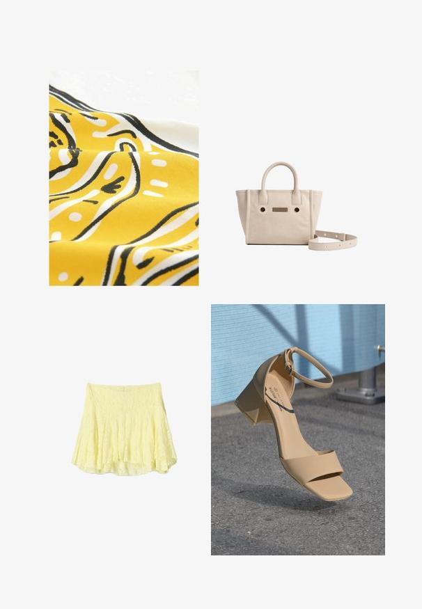 Gelbe Stoff mit abstrakten Mustern in Schwarz und Weiß. Das Material hat eine glatte Textur und zeigt geschwungene Linien und Punkte in einem verspielten Design.; Gelber, ausgestellter Rock aus strukturiertem Stoff, mit einem schichtigen Design und einem leicht unregelmäßigen Saum. Leicht und luftig im Aussehen.; Beige Sandale mit Blockabsatz und quadrater Zehenform, minimalistischen Riemen und einem Knöchelverschluss. Glattes, mattes Material auf einer grauen Oberfläche.; Beige Leder Tragetasche mit zwei kurzen Griffen, abnehmbarem Schultergurt und einem dekorativen goldenen Akzent auf der Vorderseite.; Goldfarbene rechteckige Uhr mit einem Ziffernblatt aus Perlmutt, römischen Ziffern als Stundenmarkierungen, Datumsanzeige und einem Gliederarmband-Design.