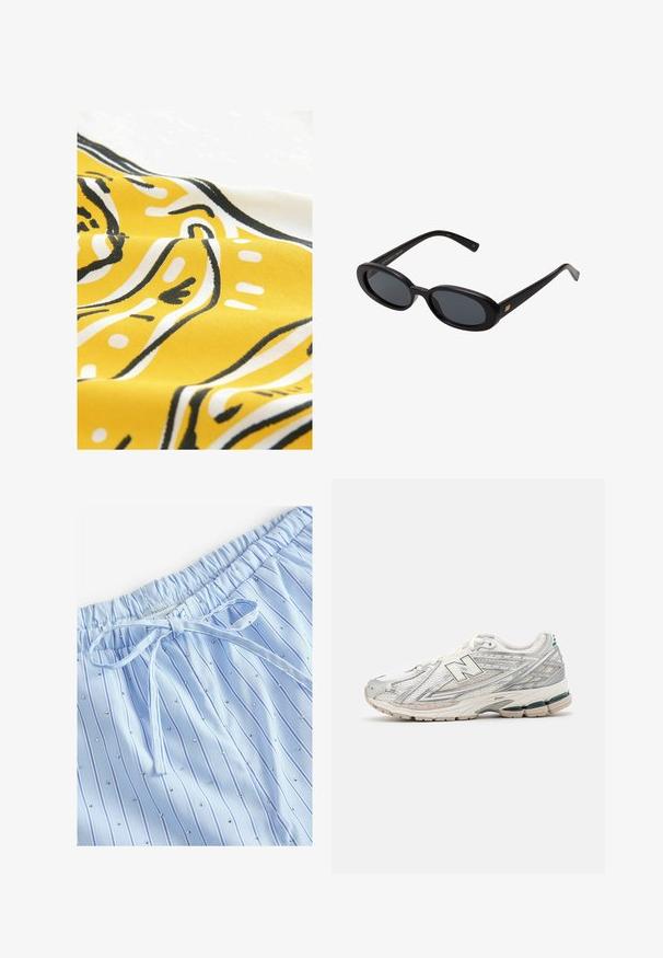 Geel stof met zwart-witte abstracte patronen. Het materiaal heeft een gladde textuur en vertoont gebogen lijnen en stippen in een speels ontwerp.; Lichtblauwe pyjamashorts met verticale strepen en kleine reflecterende studs. Elastische tailleband met een trekkoord voor aanpassing.; Hardloopschoenen met een zilver-witte mesh bovenkant en een groene accent. De zool is dik en gestructureerd, ontworpen voor demping en ondersteuning.; Zwarte oversized zonnebril met ovale lenzen, een glad plastic montuur en gouden accenten op de pootjes. Donkere lenzen bieden bescherming tegen de zon.; Beige leren draagtas met twee korte handvatten, een verwijderbare schouderriem en een decoratieve gouden accent op het voorpaneel.; Gouden rechthoekige horloge met een parelmoer wijzerplaat, Romeinse cijfer uurmarkers, datumanzeige en een schakelarmband ontwerp.