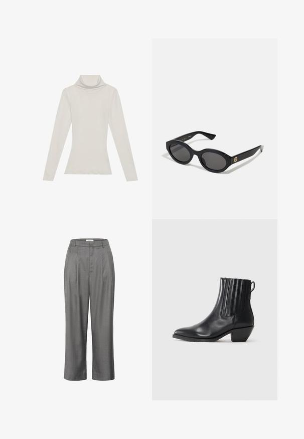 Gari ar garām piedurknēm, tērpiem ar augstu apkakli, gaiši beidzot. Izgatavots no mīksta, elastīga auduma, ar brīvu piegriezumu un pārlocītu apkakli.; Pelēki uzvalka bikses ar taisnu piegriezumu, ar krokotām priekšpusēm, gludu auduma tekstūru un klasisku jostas dizainu.; Melnas ādas potīšu zābaki ar elastīgiem sānu paneļiem, norakstītu purngalu un zemu bloku papēdi. Dizains izceļas ar gludu tekstūru un minimālistisku stilu.; Melnas ovālās saulesbrilles ar tumšiem stikliem un spīdīgu plastmasas rāmi. Iezīmētas ar zelta logo uz tempļa, nodrošinot elegantu un modernu dizainu.; Melnas krokodila tekstūras somiņa ar divām rokturiem un rāvējslēdzēja aizdari. Somai ir taisnstūra forma un spīdīga virsma.