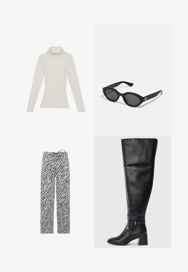 Dolgi rokav turtleneck top v svetlo bež barvi. Narejen iz mehke, raztegljive tkanine s sproščenim krojem in preklopnim ovratnikom.; Hlače z zebrovim vzorcem v črno-beli barvi, z ohlapnim krojem, nastavljivim pasom in mehkobo teksturirane tkanine.; Črne usnjene škornje do kolen z blok peto in okrasnim trakom z zlatim sponko nad gležnjem, stranski pogled na beli ozadju.; Črne ovalne sončna očala s temnimi lečami in sijočim plastičnim okvirjem. Imajo zlat logo na robu, kar ponuja eleganten in sodoben oblikovalski pristop.; Uk espuma usnjena torbica s kurbano obliko, enojni ročaj, zlato okovje in subtilno blagovno ime na dnu. Zadrga ob vrhnjem robu.