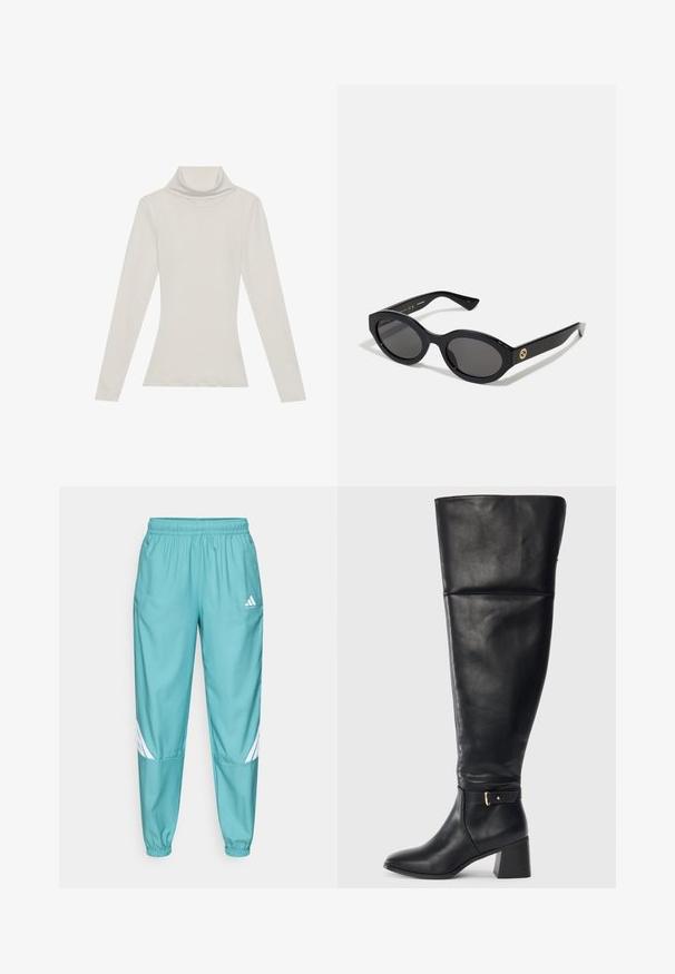 Top de cuello alto de manga larga en un color beige claro. Hecho de una tela suave y elástica con un corte holgado y un cuello doblado.; Pantalones atléticos color teal con cintura elástica, que presentan rayas diagonales blancas en las piernas inferiores y bolsillos laterales. Hechos de un material ligero.; Botín de cuero negro hasta la rodilla con tacón cuadrado y correa decorativa con hebilla dorada por encima del tobillo, vista lateral sobre fondo blanco.; Gafas de sol negras en forma ovalada con lentes oscuros y montura de plástico brillante. Presenta un logo dorado en la patilla, ofreciendo un diseño elegante y moderno.; Bolso de mano negro con textura de cocodrilo, con dos asas y cierre de cremallera. El bolso tiene forma rectangular y acabado brillante.