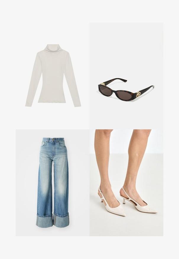 Long-sleeve turtleneck top in a light beige color. Made of soft, stretchy fabric with a relaxed fit and a fold-over neckline.; Light blue wide-leg denim jeans with a high waist, contrasting cuffs, and a faded texture. Features two front pockets and a button closure.; Beige patent leather slingback heels with a pointed toe and 5 cm heel, featuring cut-out sides and a thin ankle strap.; Tortoiseshell sunglasses with elongated oval lenses, brown tint, gold logo accents on temples, and sleek black arms.; Curved cream leather handbag with a single strap, gold hardware, and subtle branding at the bottom. Zipper closure along the top edge.