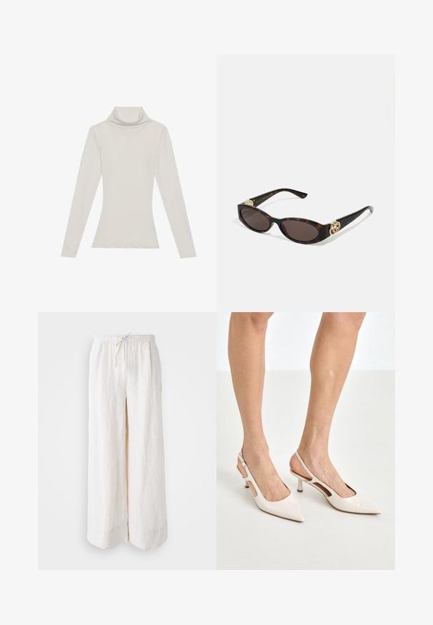 Långärmad polokrage i en ljus beige färg. Tillverkad av ett mjukt, stretchigt tyg med en avslappnad passform och en vikbar krage.; Linnen byxor med vida ben i ljusbeige, med resårmidja och dragsko. De har en lös passform och raka, flödande ben.; Beige lackläder slingbackklackar med spetsig tå och 5 cm klack, med utskurna sidor och ett tunt ankelband.; Sköldpaddsformade solglasögon med avlånga ovala linser, brunt toning, guldfärgade logotypdetaljer på skalmarna och slanka svarta skaft.; Böjd handväska i cremefärgad läder med ett enda bärhandtag, guldfärgad hårdvara och subtilt varumärke längst ner. Dragkedjestängning längs den övre kanten.