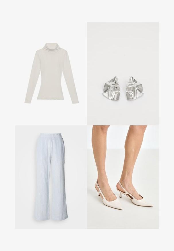 Long-sleeve turtleneck top in a light beige color. Made of soft, stretchy fabric with a relaxed fit and a fold-over neckline.; Light blue wide-leg pants with vertical white and red stripes. Features an elastic waistband and side pockets. Smooth cotton-like texture.; Beige patent leather slingback heels with a pointed toe and 5 cm heel, featuring cut-out sides and a thin ankle strap.; Silver metal earrings with a wavy, sculptural design featuring a polished finish and irregular shapes, highlighting a contemporary aesthetic.