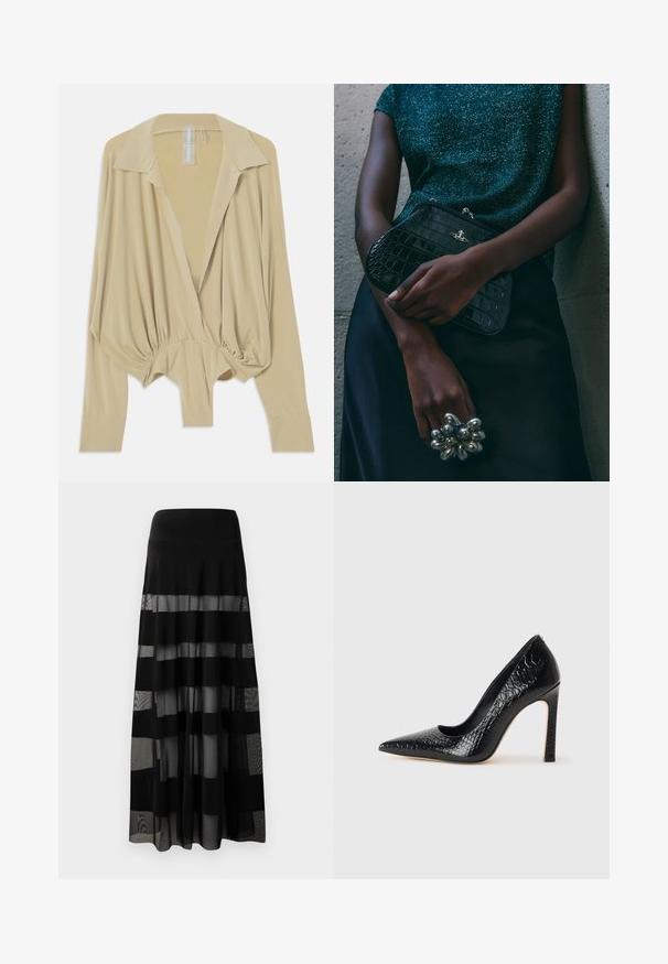 Bežová blúzka s dlhým rukávom, širokým golierom, zúženým pásom a priliehavými manžetami, vystavená na bielom pozadí.; Čierna maxi sukňa s tesným pásom, obsahujúca priehľadné panely a nepriehľadné pruhy. Ľahký materiál s hladkou textúrou.; Čierna lodička s špicatou špičkou a lakovanou textúrou krokodíla, s elegantným dizajnom, vysokým stiletto podpätkom a hladkým čiernym interiérom.; Čierna clutch kabelka s krokodílovým vzorom a striebornými kovovými prvkami, držaná proti textúrovanému sivému pozadiu. Má lesklý povrch.