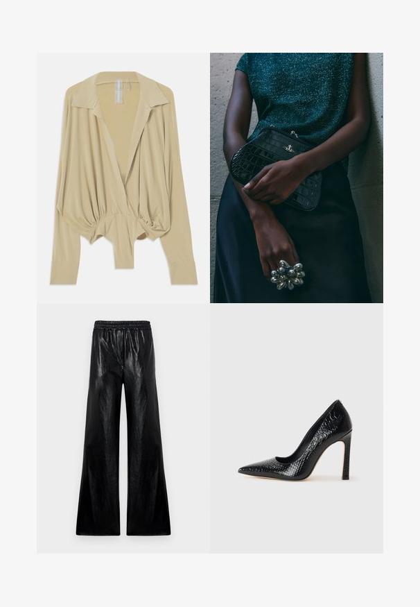 Beżowa bluzka z długim rękawem, szerokim kołnierzem, zebranym w pasie i dopasowanymi mankietami, wyeksponowana na białym tle.; Spodnie szerokie wykonane z błyszczącego czarnego materiału, z elastyczną talią. Tkanina ma gładką strukturę i lekki połysk.; Czarne szpilki z ostrym noskiem, pokryte teksturą skóry krokodyla, charakteryzujące się eleganckim wzornictwem, wysokim obcasem w stylu stiletto oraz gładkim czarnym wnętrzem.; Czarna kopertówka w wzór krokodyla z srebrnymi akcentami, trzymana na szarym, teksturowanym tle. Posiada błyszczącą powierzchnię.