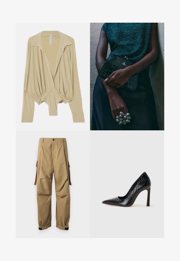 Blusa de manga longa bege com colarinho largo, cintura franzida e punhos ajustados, exibida sobre um fundo branco.; Calças cargo caqui feitas de um tecido leve, com bolsos laterais, fecho de botão e punhos elásticos nos tornozelos.; Sapato de salto alto de bico fino preto com textura de pele de crocodilo, apresentando um design elegante, salto agulha alto e interior preto suave.; Clutch bag preta com padrão de crocodilo e acessórios em prata, sostenida contra um fundo cinza texturizado. Apresenta uma superfície brilhante.