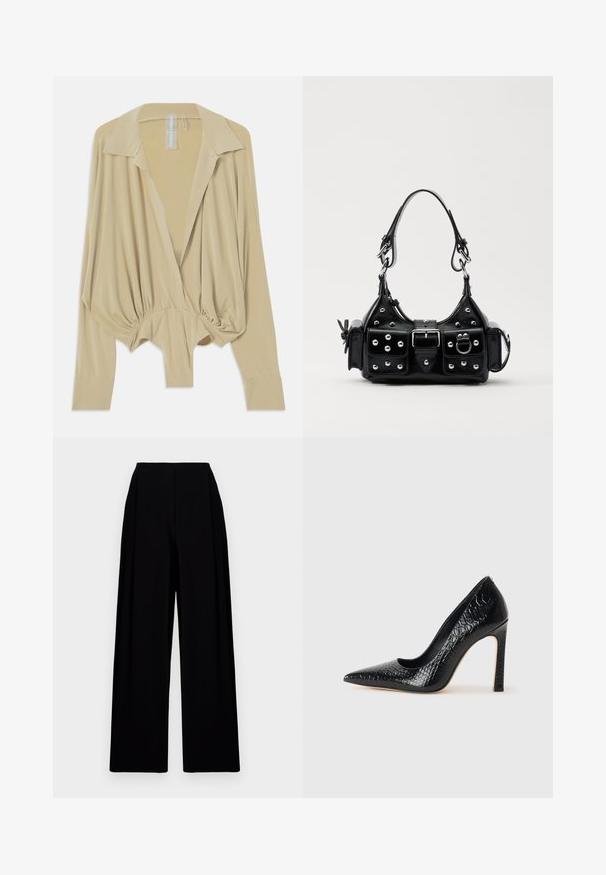 Blusa de manga longa bege com colarinho largo, cintura franzida e punhos ajustados, exibida sobre um fundo branco.; Calças pretas de perna larga com uma cintura alta, apresentando uma textura suave e linhas limpas. Sem fechos ou padrões visíveis.; Sapato de salto alto de bico fino preto com textura de pele de crocodilo, apresentando um design elegante, salto agulha alto e interior preto suave.; Bolsa de couro preta com um design curvado, apresentando tachas prateadas, uma fivela e dois bolsos laterais. Alça ajustável para opções de transporte.