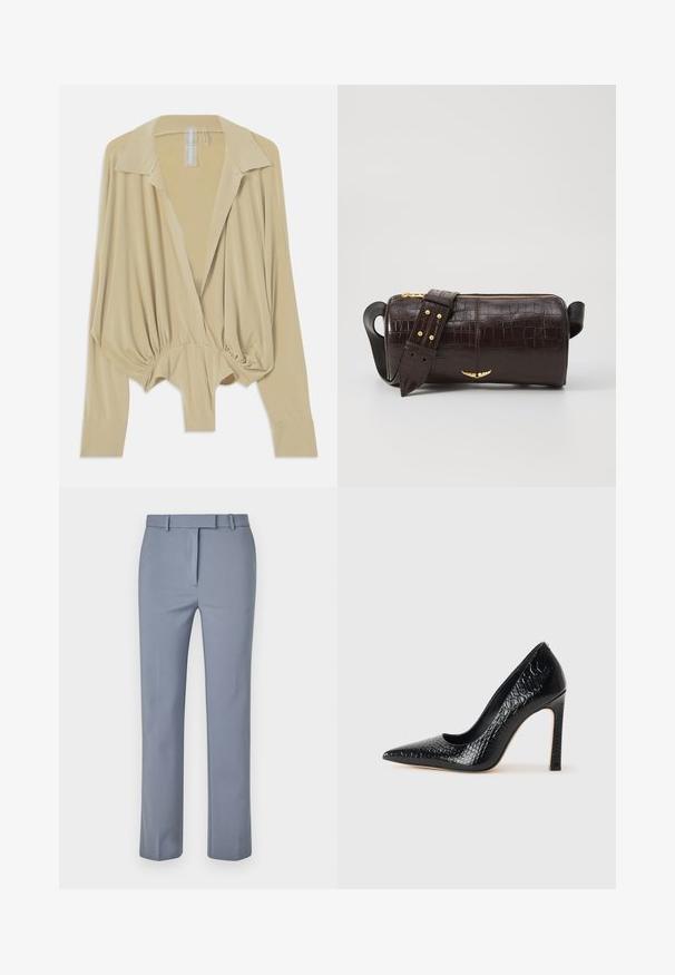 Beige long-sleeve blouse with wide collar, gathered waist, and fitted cuffs, displayed on a white background.; Light blue trousers made of smooth fabric, featuring a flat front design, belt loops, and a tailored fit with straight legs.; Black pointed-toe high heel shoe with a crocodile-skin texture, featuring a sleek design, high stiletto heel, and smooth black interior.; Brown crocodile-embossed leather bag with a cylindrical shape, gold-tone hardware, and a detachable strap featuring studs.