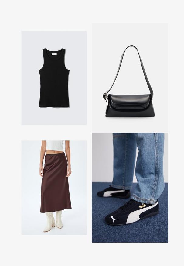 Zwart katoenen tanktop met een ronde halslijn, brede schouderbanden en een aangesloten silhouet. Heeft het merkembleem in het wit.; Bordeaux satijnen maxi rok met een gladde textuur, voorzien van een strakke tailleband. Gecombineerd met witte knielange laarzen voor een contrasterende uitstraling.; Zwarte suède sneakers met witte accenten, voorzien van een gouden logo. Gemaakt met lichtblauwe spijkerbroek en geplaatst op een textuur blauwe ondergrond.; Zwarte leren handtas met een gestructureerde vorm, een gladde textuur en een enkele schouderband. Heeft een subtiele, afgeronde klepontwerp.; Zilverkleurige Casio kwarts horloge met rechthoekige wijzerplaat, analoge en digitale displays, roestvrijstalen band en waterbestendige eigenschappen.