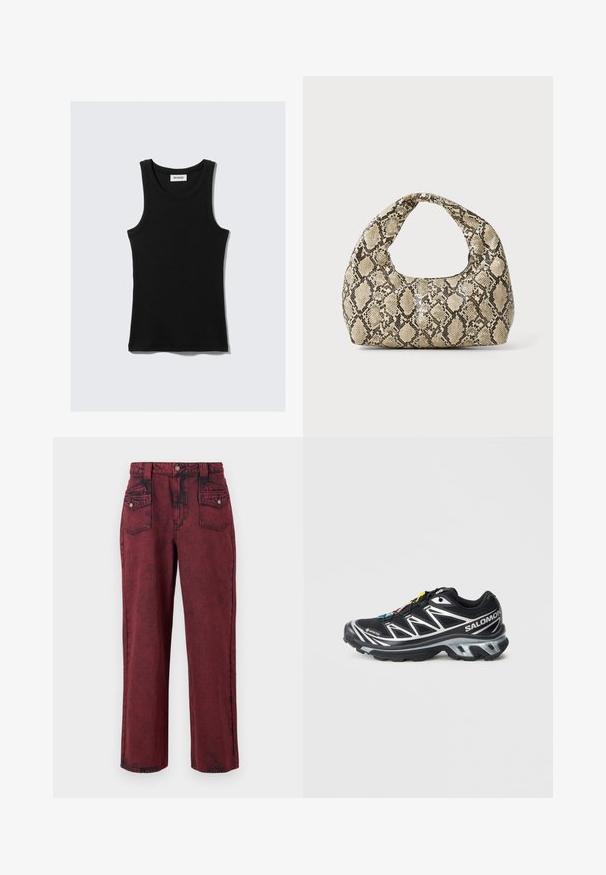 Crni pamučni top bez rukava s zaobljenim izrezom, širokim naramenicama i prianjajućim siluetom. Sadrži oznaku brenda u bijeloj boji.; Crvene traperice od denima s izblijedjelim uzorkom, ravnog kroja, prednjim džepovima i prilagođenim strukom. Imaju naglase od crnog šivanja.; Crne trkačke tenisice sa srebrnim akcentima, GORE-TEX materijalom, teksturiranom potplatom i šarenim vezicama. Imaju jastučić na peti za podršku.; Torba s uzorkom zmije s zakrivljenom drškom. Izrađena od teksturiranih materijala u bež i smešnim tonovima, sa karakterističnim dijamantnim uzorkom.