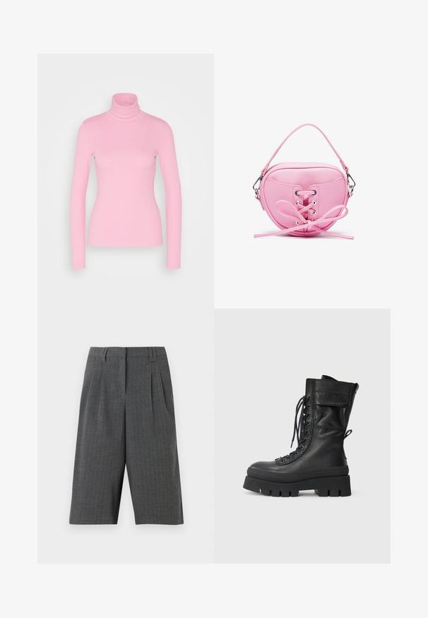 Even&Odd Hosszú ujjú felső - pink; Szürke hounds-tooth mintás, plissézett sort, mely testre szabott kialakítású és a comb közepéig ér. Texturált anyagból készült, látható záródás nélkül.; Fekete bőr katonai bakancs magas szárú, fűzős elülsőrész, texturált díszítések, vastag talp és varrott részletek jellemzik. Hátsó húzófüllel rendelkezik.; Rózsaszín műbőr kézitáska, kör alakú formával, fűzős kivitelben, fém fűzőlyukakkal és masnis díszítéssel. Rövid fogantyúval rendelkezik.