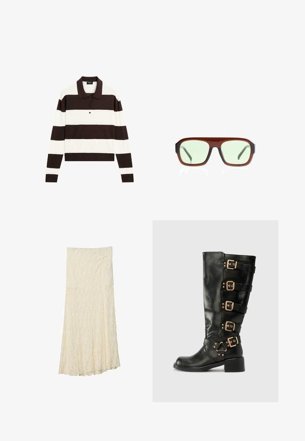 Polo a maniche lunghe con righe orizzontali alternanti marrone scuro e bianche, colletto e pattina con bottoni. Realizzato in tessuto morbido.; Gonna maxi in pizzo color avorio, caratterizzata da un motivo floreale testurizzato, vita aderente e una silhouette fluida con un orlo leggermente svasato.; RAID GELINA - Stivali texani / biker - black; Occhiali da sole in plastica marrone con montatura rettangolare e lenti verde chiaro, caratterizzati da aste spesse e una finitura lucida.