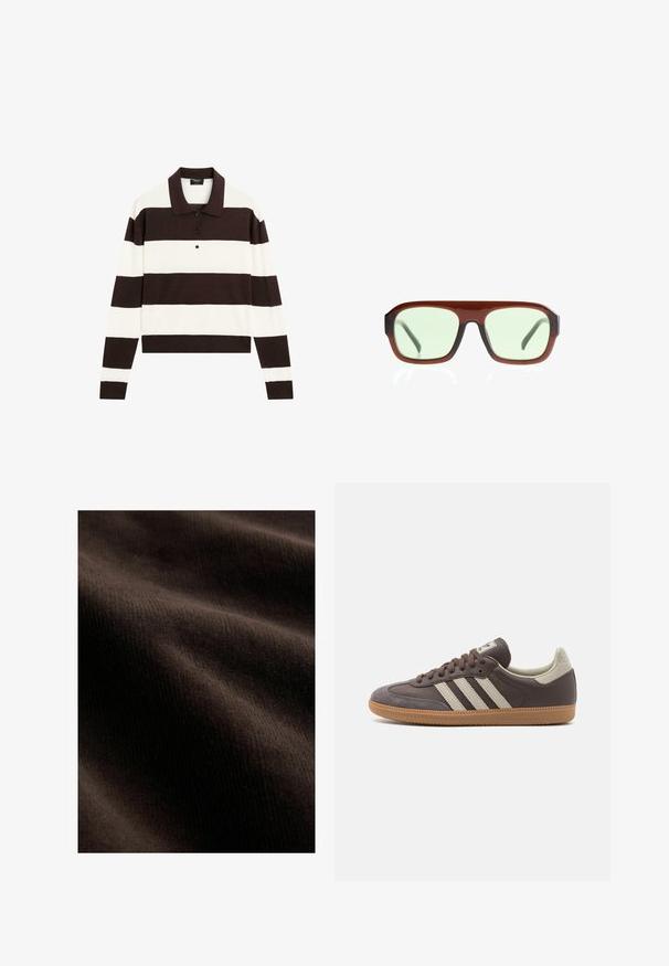 Langærmet polo-shirt med skiftende mørkebrun og hvid vandrette striber, en krave og en knaplukning. Fremstillet af blødt stof.; Mørkebrunt stof med en glat tekstur, prydet med subtile ribber og bølger, der skaber dybde og dimension i materialet.; Brun lædersneaker med tre lyse striber, gummisål, rund tå og teksturerede ruskindsdetaljer på hælen og tåen.; Brune plastiksolbriller med rektangulære rammer og lysegrønne linser, der har tykke arme og en glat overflade.