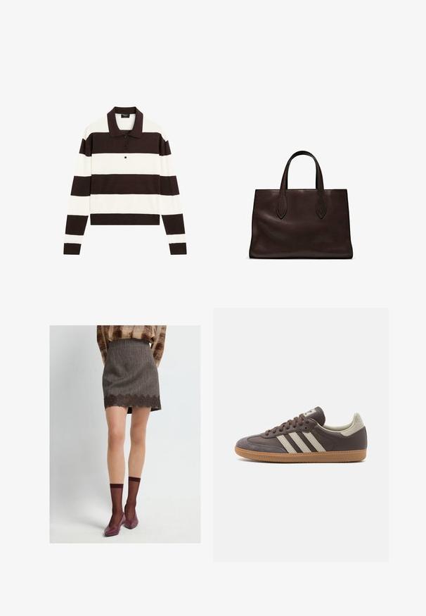 Langærmet polo-shirt med skiftende mørkebrun og hvid vandrette striber, en krave og en knaplukning. Fremstillet af blødt stof.; Brun struktureret miniskirt med blondekant, parret med bordeaux gennemsigtige strømper og matching lavt snit sko.; Brun lædersneaker med tre lyse striber, gummisål, rund tå og teksturerede ruskindsdetaljer på hælen og tåen.; Brun læder tote bag med to forlængede håndtag, struktureret rektangulær form, glat overflade og subtile syninger.